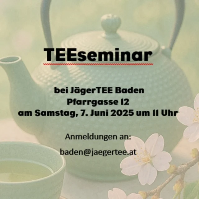 🍵 Teeliebe erleben – live in Baden! 🌿✨Am 7. Juni um 11 Uhr laden wir herzlich zu unserem Teeseminar in Baden ein!Gemeinsam verkosten wir 5 besondere Teesorten, tauchen in die Welt des Teewissens ein und genießen einen entspannten Vormittag in gemütlicher Runde. 💛✔️ Teeverkostung✔️ Zubereitungstipps✔️ Goodie-Bag & Einkaufsgutschein✔️ Tee-Freude zum Mitnehmen📍 JägerTEE Baden, Pfarrgasse 12, 2500 Baden💌 Anmeldung im Geschäft oder via Mail: baden@jaegertee.at🎟️ Teilnahmebeitrag: 40 €👉 Jetzt anmelden – Plätze sind limitiert!#Teeseminar #JägerTEEBaden #Teeliebe #Teewissen #TeeVerkostung #BadenErleben #TeeGenuss #Teemomente #VeranstaltungBaden #JägerTEE